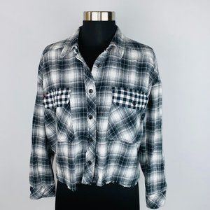 BDG Urban Outfitters Black Gray White Plaid Flannel Crop Top Checkered Pockets S